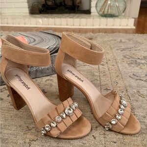 Jeffrey Campbell Tan Suede Block Heal with Crystal Embellishment